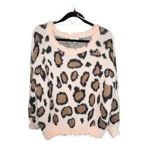 UMGEE USA Pink/Brown Leopard Print Crew Neck Sweater Loose Fuzzy  Soft Sz Large